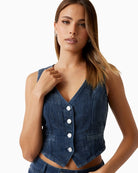 V-neckline and button detail on Guess dark wash denim vest