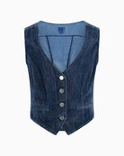 Blue cropped denim vest by Guess with fitted shape and front buttons