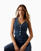 V-neckline and button detail on Guess dark wash denim vest