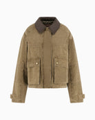 Guess cropped field jacket brown front view white background – Áines Boutique