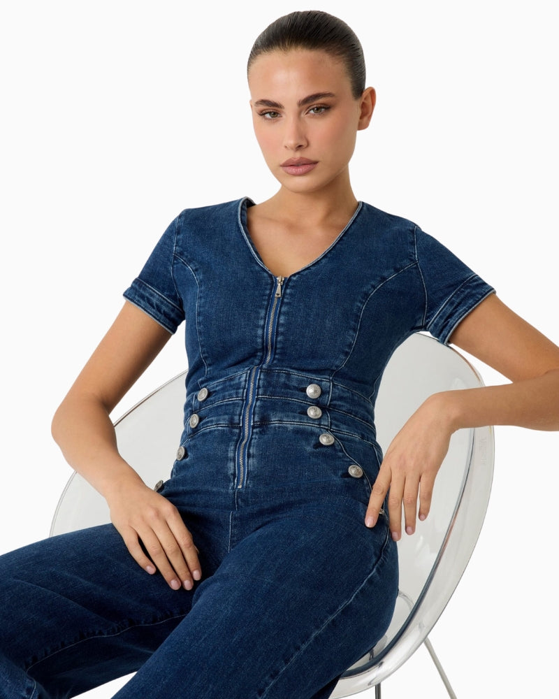 GUESS denim jumpsuit V-neck and button detail – Áines Boutique