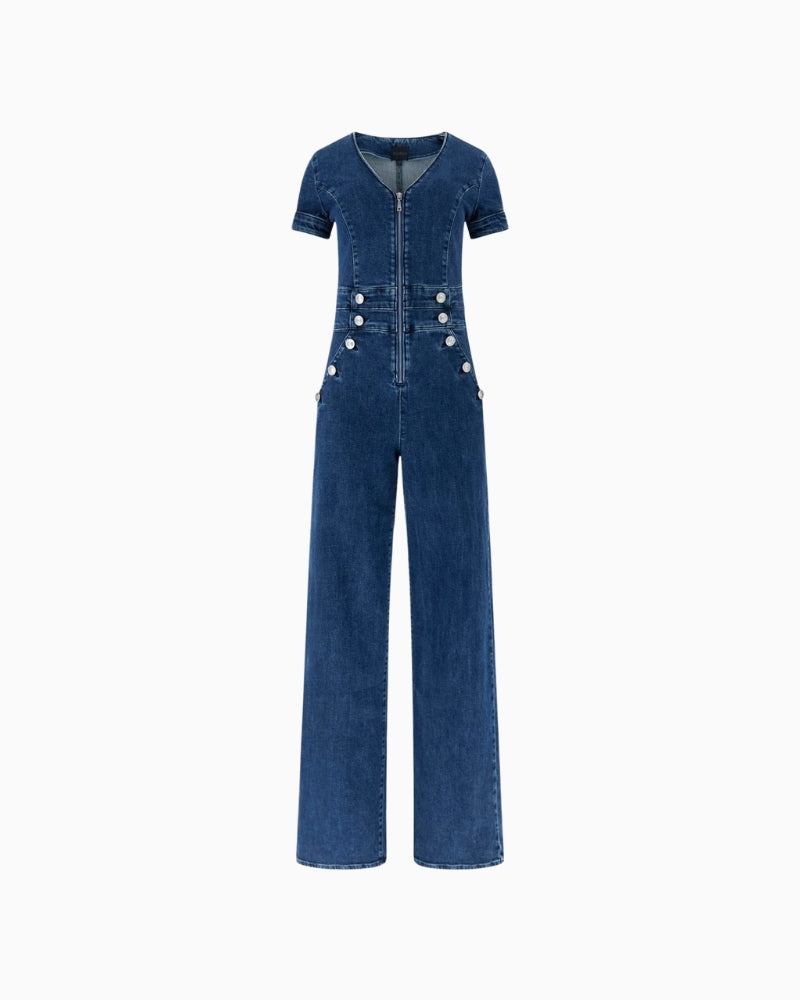 GUESS denim wide leg jumpsuit blue front view – Áines Boutique