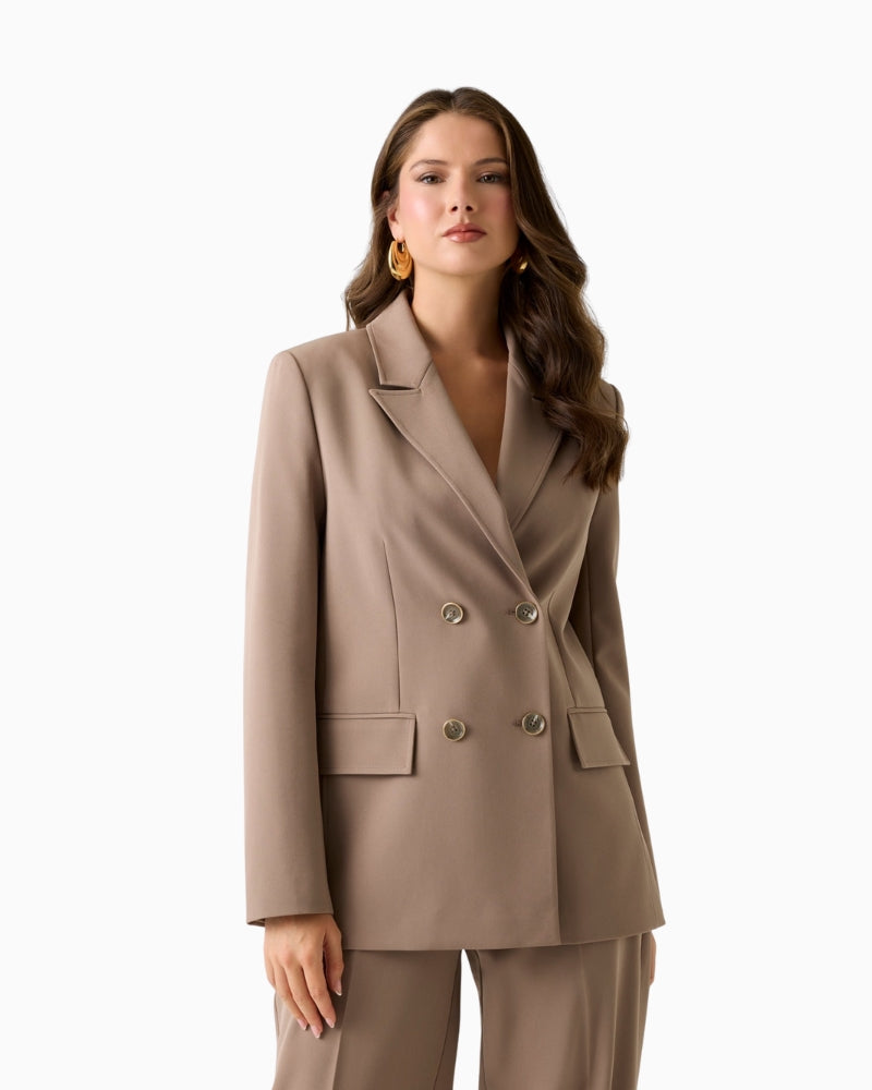 GUESS double breasted blazer brown front view on woman – Áines Boutique