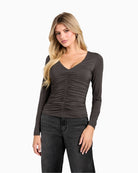Brown GUESS long-sleeve top with V-neckline and centre ruching