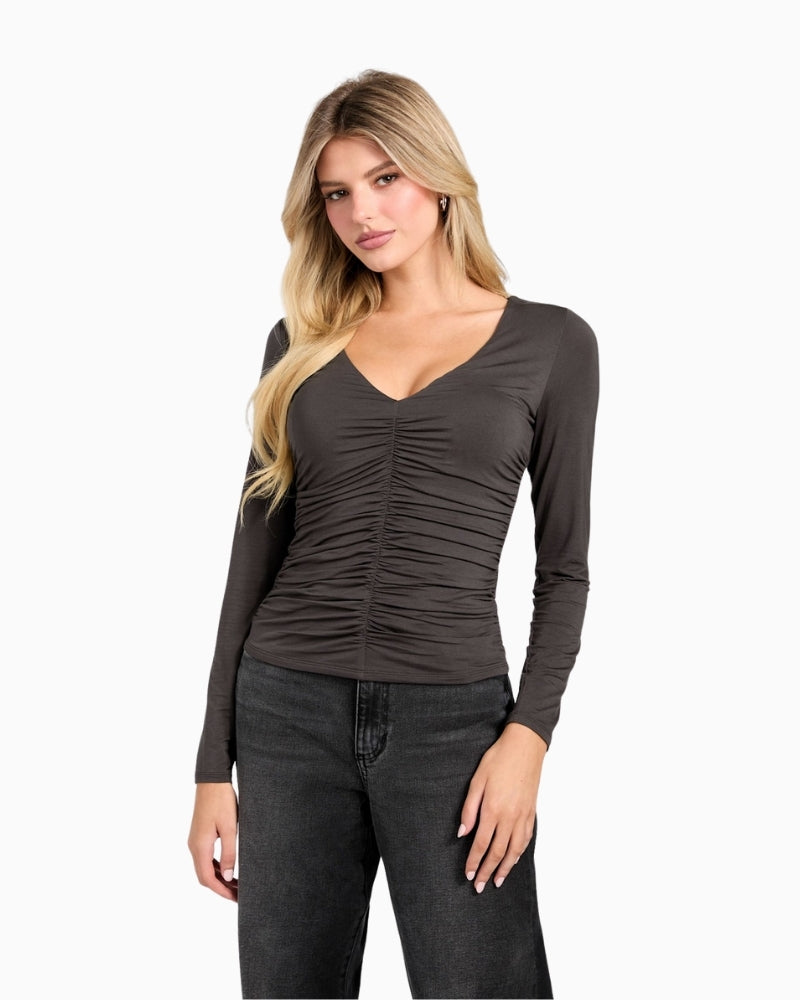 Brown GUESS long-sleeve top with V-neckline and centre ruching