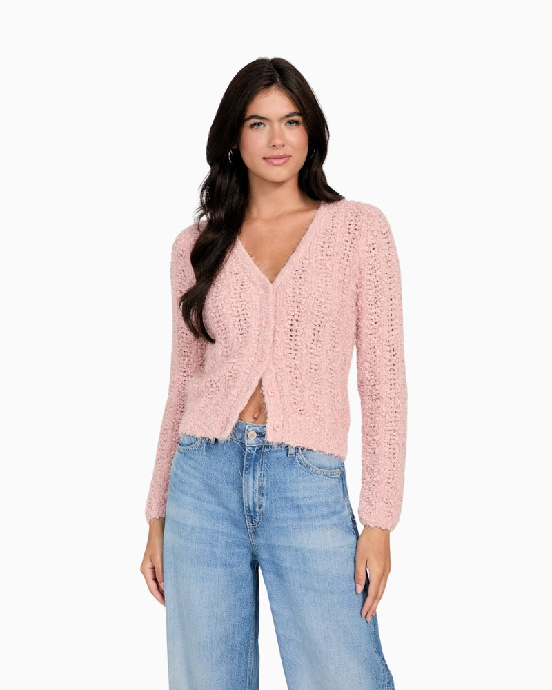 Front view of GUESS Eco Bea cardigan in blush pink with open-stitch knit and buttons