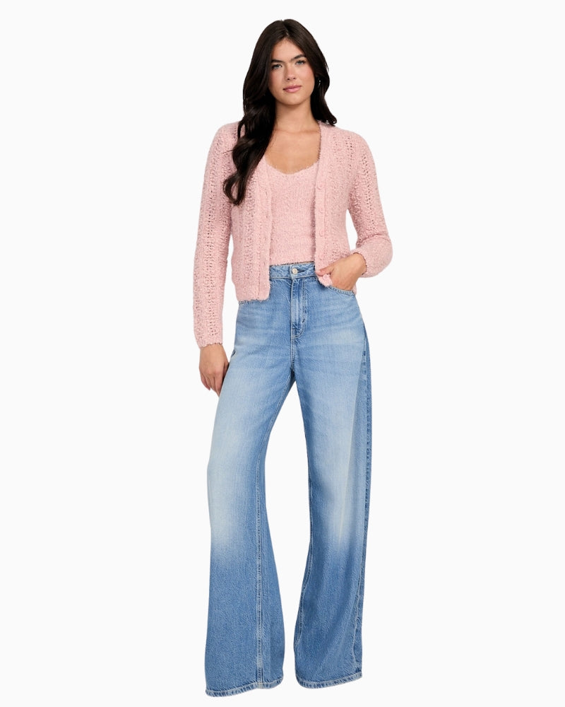Front view of GUESS Eco Bea cardigan in blush pink with open-stitch knit and buttons
