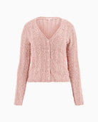 Front view of GUESS Eco Bea cardigan in blush pink with open-stitch knit and buttons