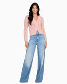 Front view of GUESS Eco Bea cardigan in blush pink with open-stitch knit and buttons