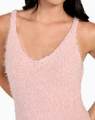 Close-up of pink boucle knit and V-neckline on GUESS Eco Bea tank