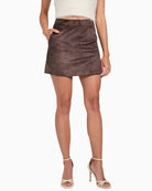 Brown faux suede mini skirt by Guess with slim A‑line cut and high waist