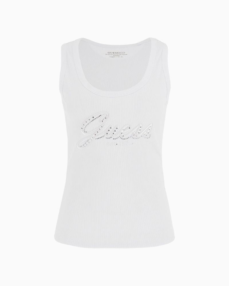 Guess ribbed tank top with embroidered rhinestone logo