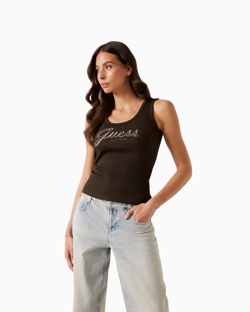Guess ribbed tank top with embroidered logo and rhinestone embellishment

