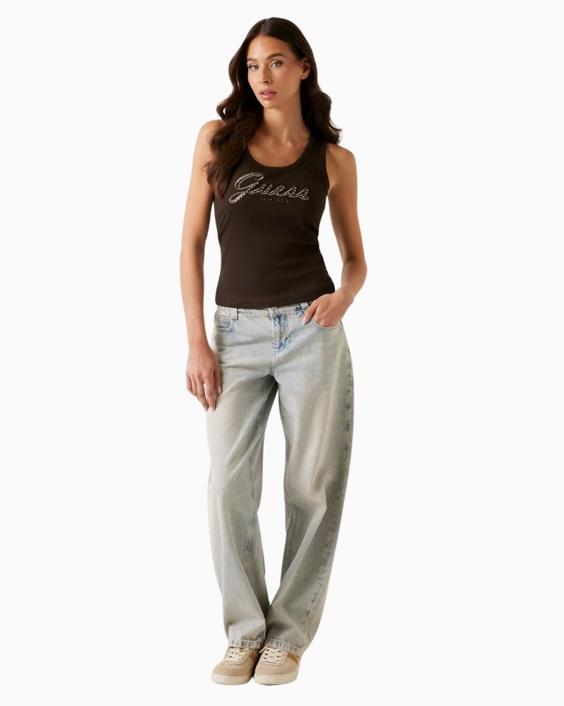 Logo tank styled with jeans and jacket for a casual layered look