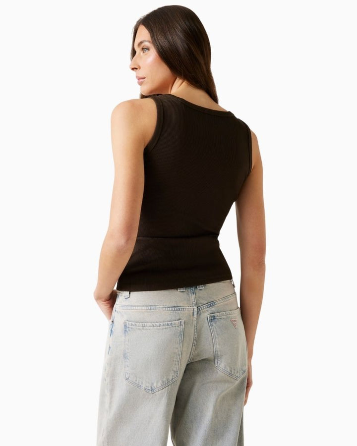 Back of Slim fit sleeveless top with round neck and soft stretch fabric