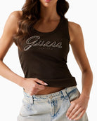 Close up of Slim fit sleeveless top with round neck and soft stretch fabric
