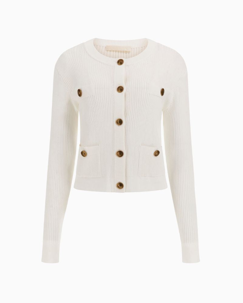 Guess Emmie cream knit sweater with crew neck and long sleeves