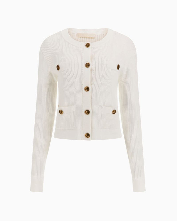 Guess Emmie cream knit sweater with crew neck and long sleeves