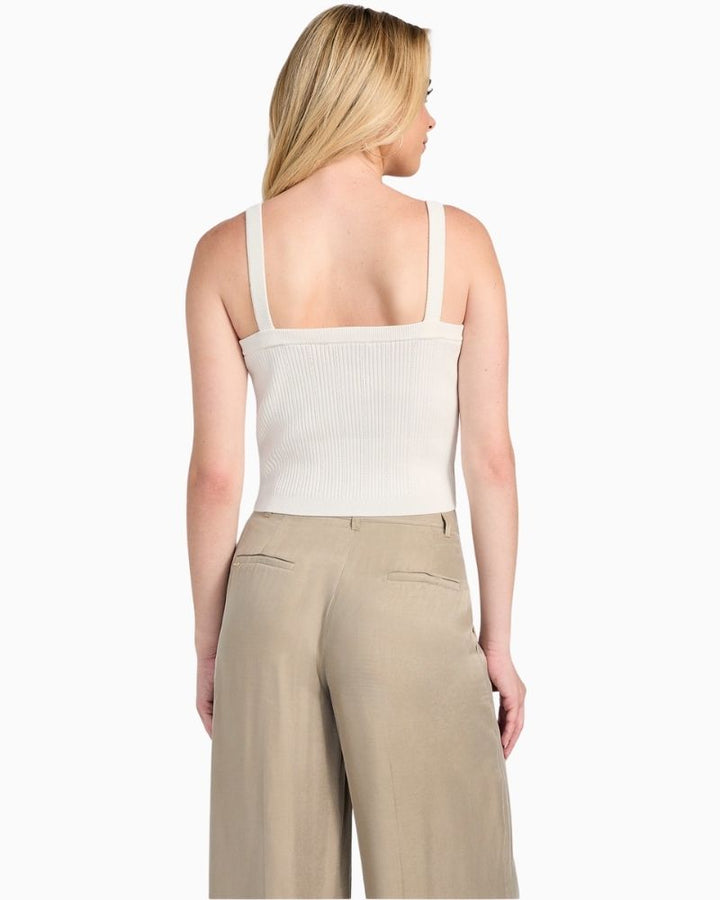 Back view of Emmie sleeveless top showing ribbon tie and ribbed texture