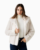 Beige faux fur jacket by Guess with shawl collar and striped texture