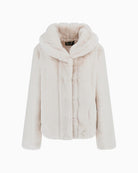 Front view of soft faux fur coat with hook closure and regular fit