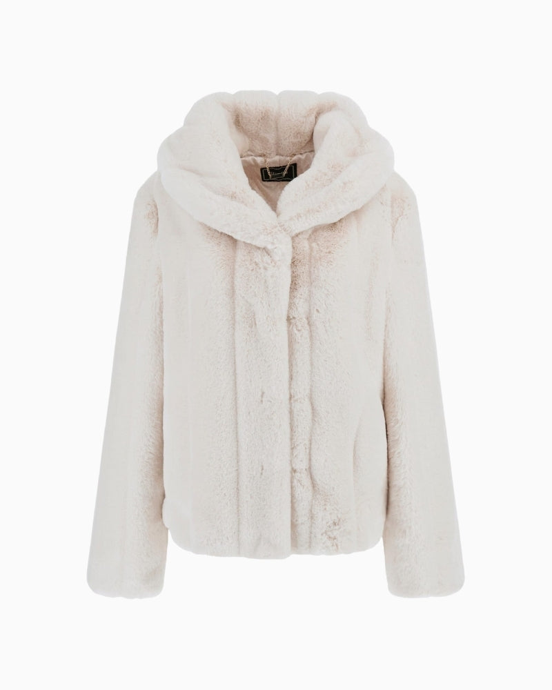 Front view of soft faux fur coat with hook closure and regular fit