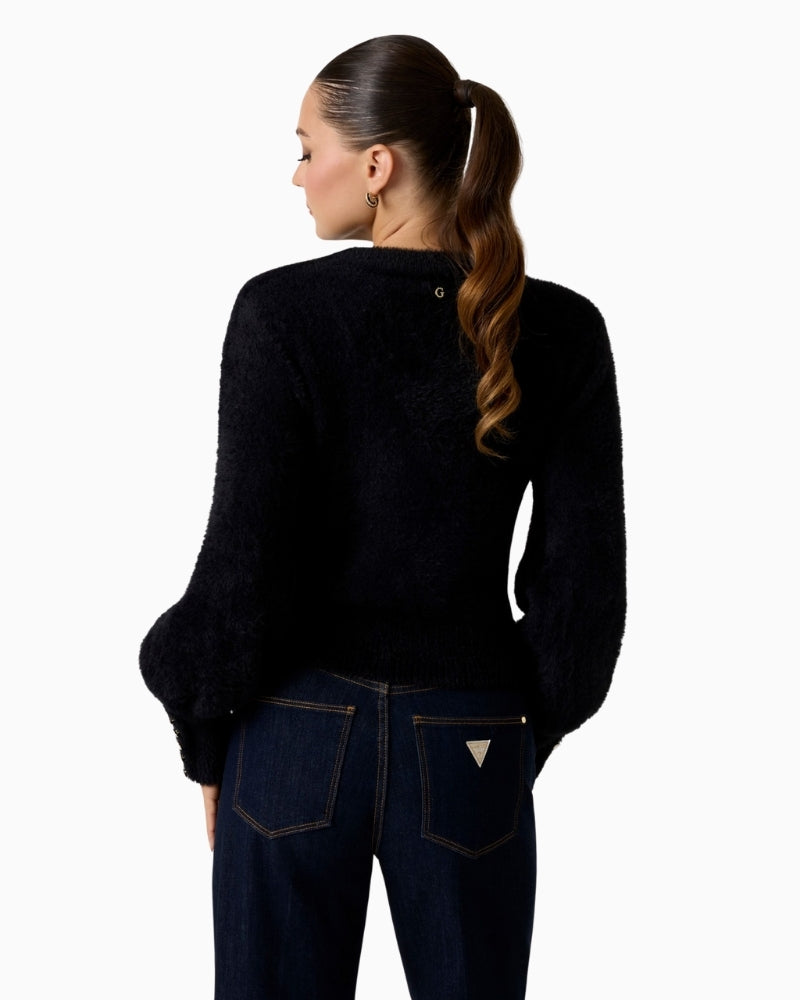 Back view of soft cropped Guess sweater showing regular fit