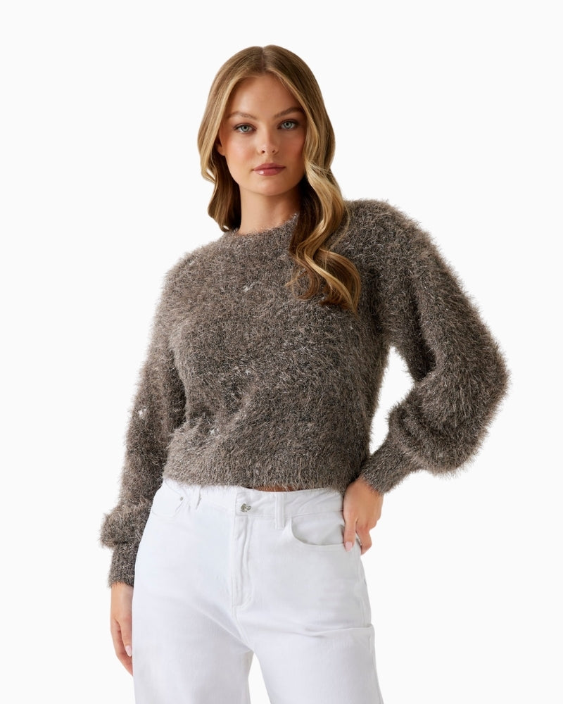 Fuzzy brown lurex sweater by Guess with rounded neckline and soft shimmer detail