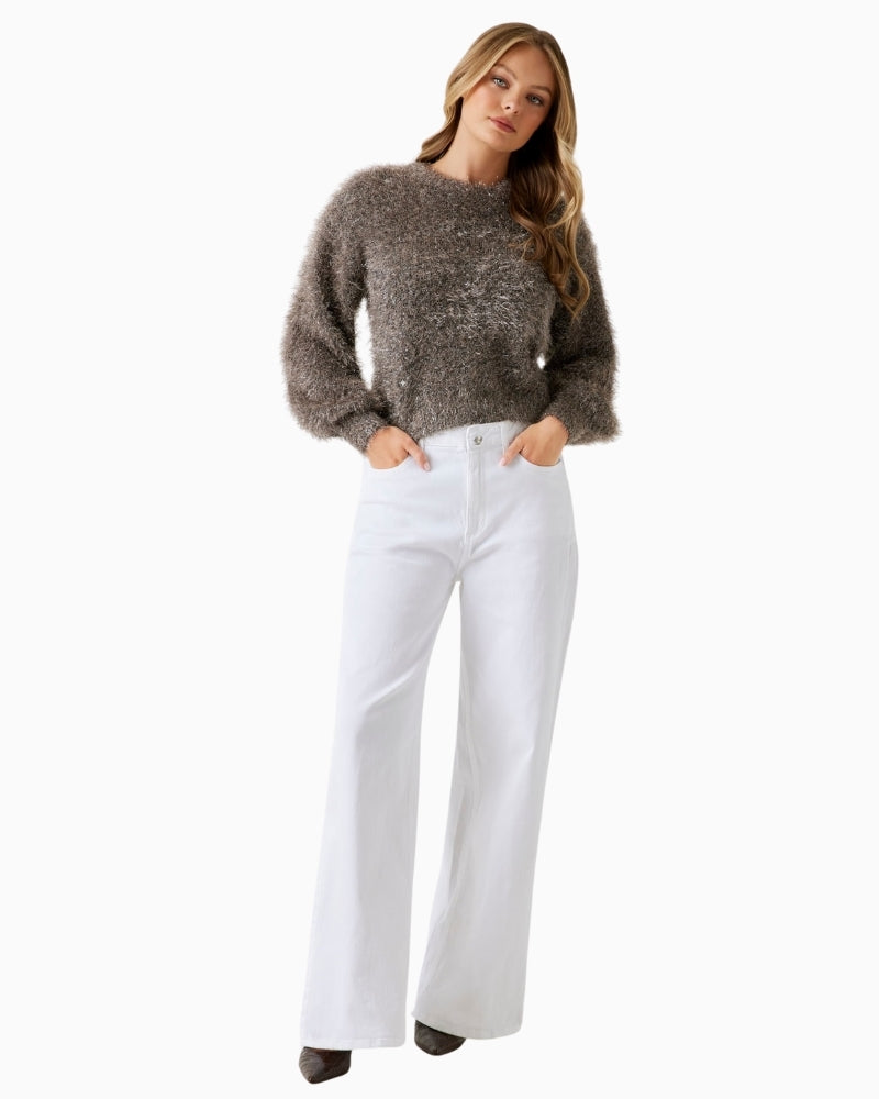 Guess women’s knit sweater with balloon sleeves, dropped shoulders and metallic fibres