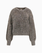 Fuzzy brown lurex sweater by Guess with rounded neckline and soft shimmer detail