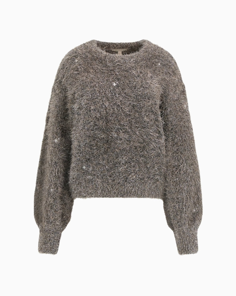 Fuzzy brown lurex sweater by Guess with rounded neckline and soft shimmer detail