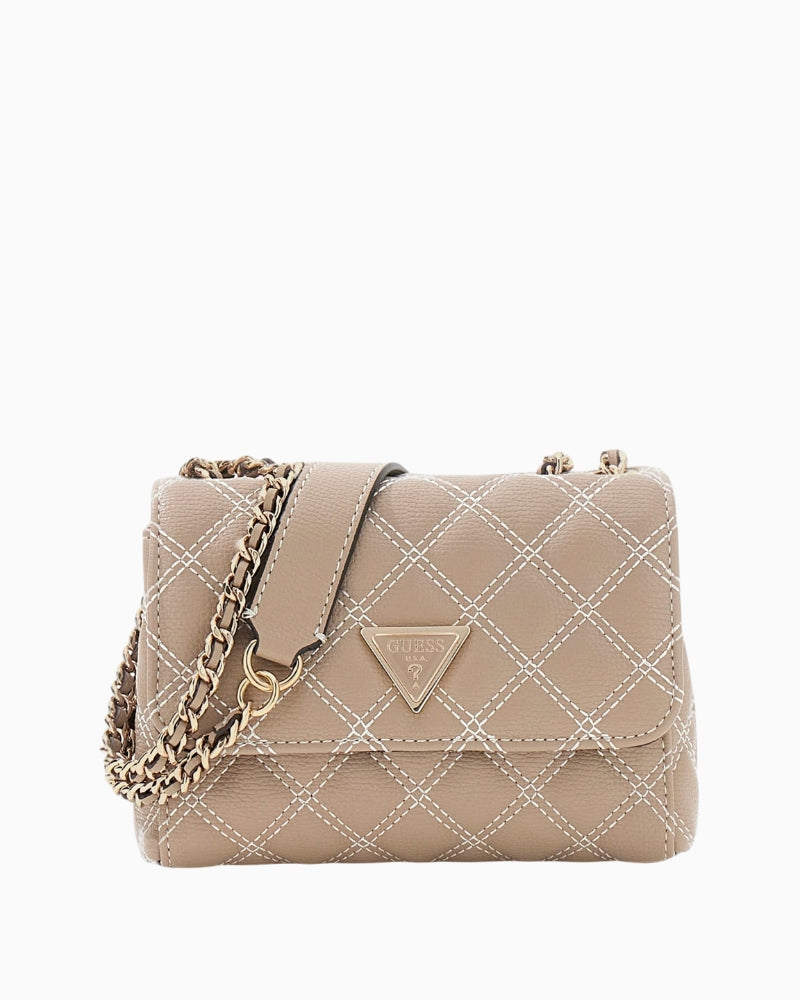 GUESS Giully quilted mini crossbody bag beige front view – Áines Boutique
