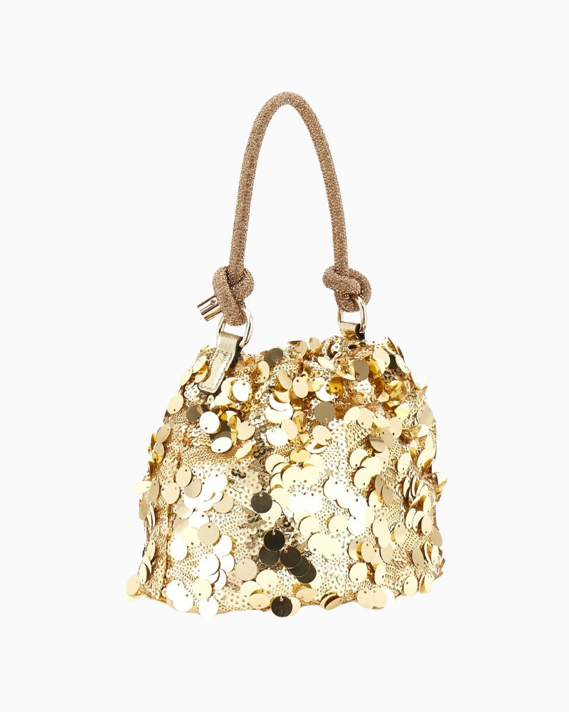 Back view of Guess gold evening bag with clean lines