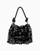 Black sequin mini handbag from GUESS with gold hardware and triangle logo