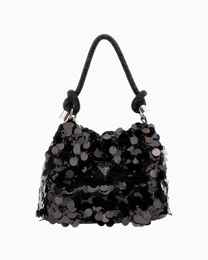 Black sequin mini handbag from GUESS with gold hardware and triangle logo