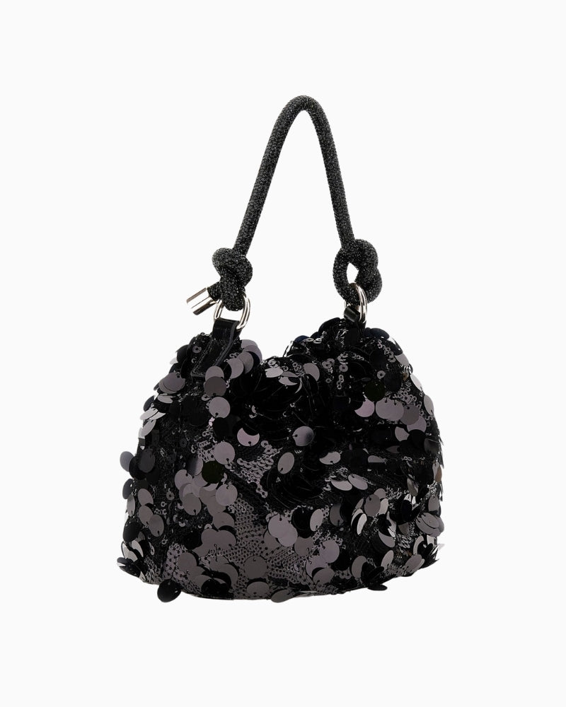 Back view of GUESS Holiday Shine handbag with maxi-sequin detail