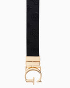 Front view of Guess James belt with pale gold logo hardware
