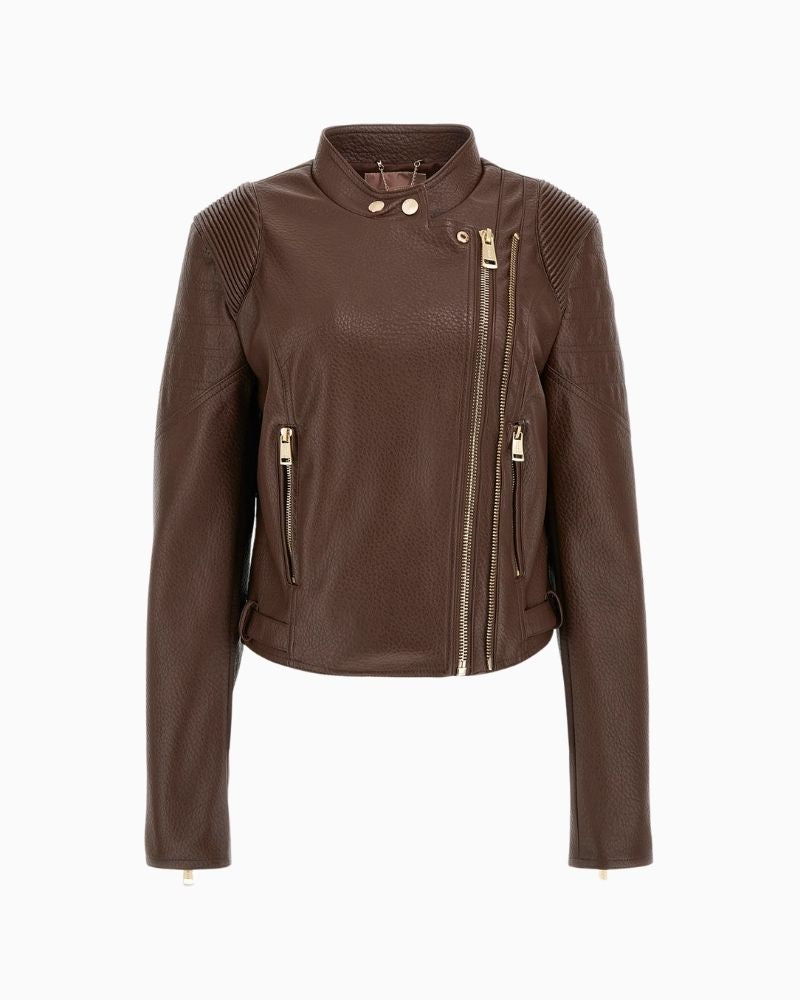 Guess Jeannine brown faux leather jacket with stitched seam detailing