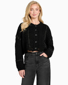 Front view of Kaori cardigan showing button closure and ribbed hem