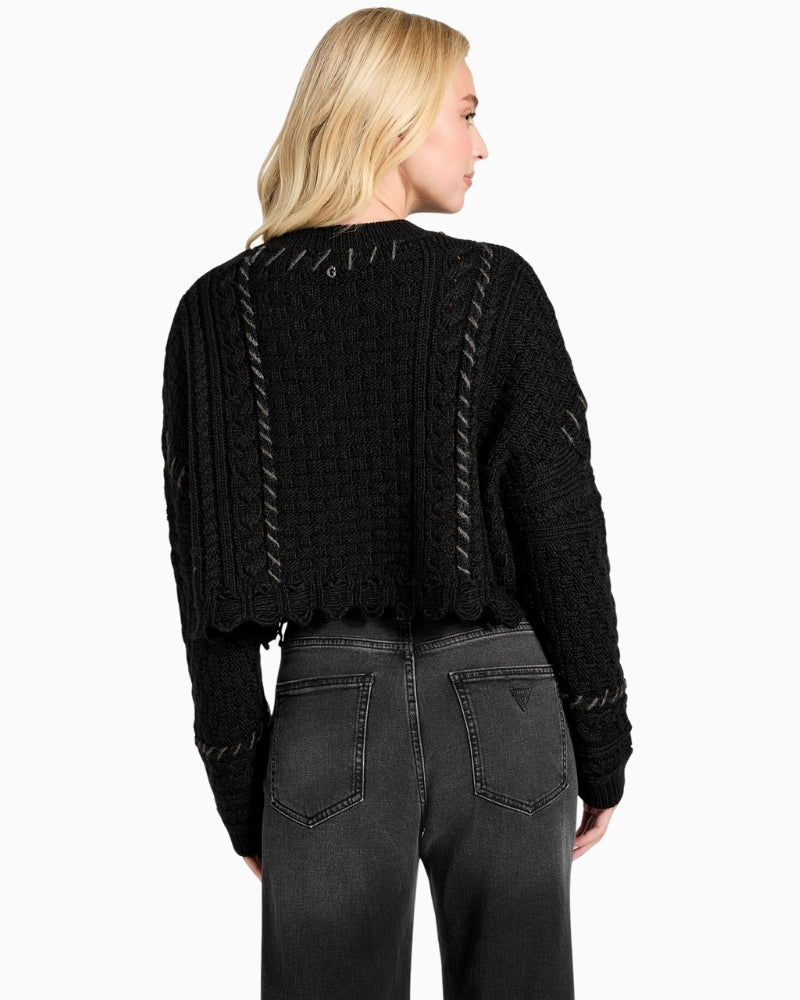 Back view of mixed knit Guess cardigan in classic black