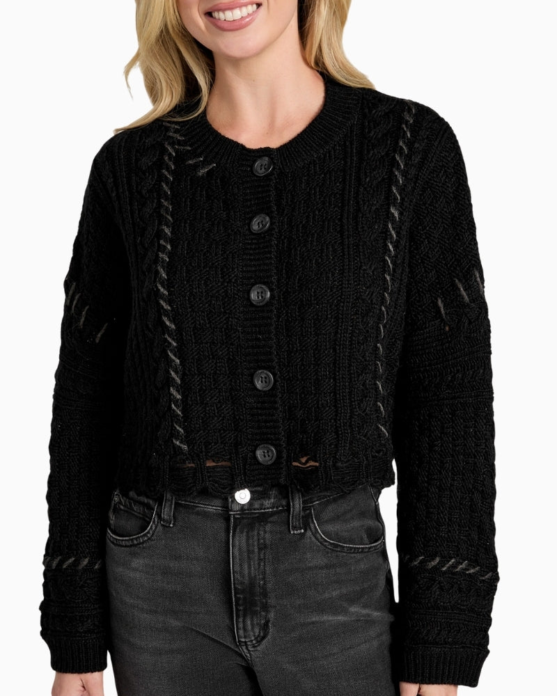 Close-up of top stitching detail on Guess wool cardigan