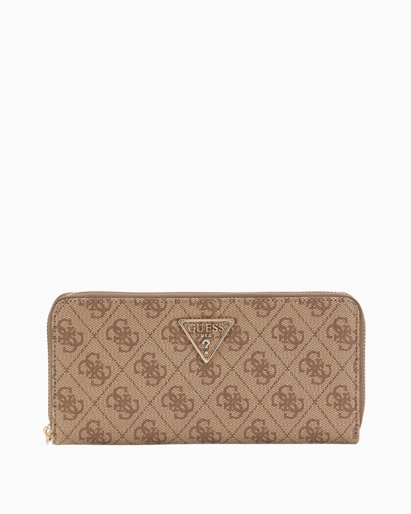 GUESS Laurel 4G logo maxi wallet beige front view – Áines Boutique