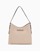 Front view of Guess Lefia shoulder bag in taupe polyurethane with structured shape