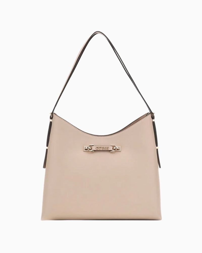 Front view of Guess Lefia shoulder bag in taupe polyurethane with structured shape