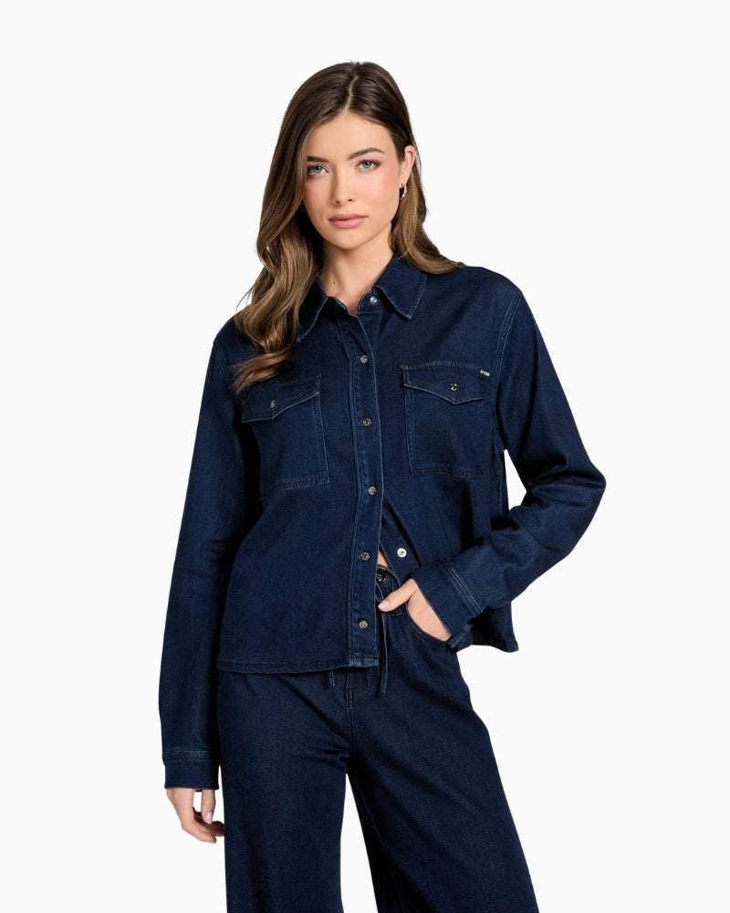 GUESS lyocell blend shacket blue front view on woman – Áines Boutique