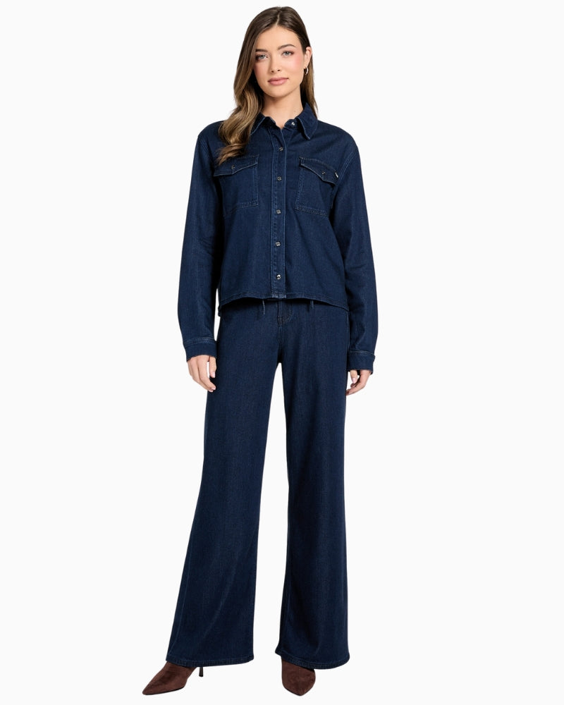 GUESS lyocell blend shacket blue front view on woman – Áines Boutique