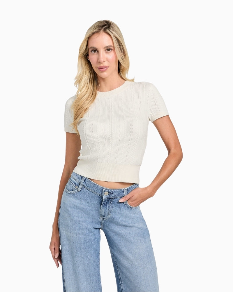 Off-white cable-knit chenille top by GUESS with short sleeves and slim fit