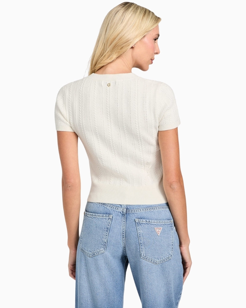 Back of Off-white cable-knit chenille top by GUESS with short sleeves and slim fit