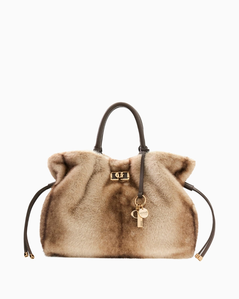 Guess beige faux fur handbag with gold hardware and logo charm