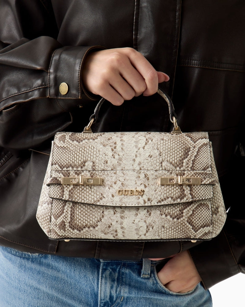 Guess Melinda python print handbag beige closeup view – Áines Boutique